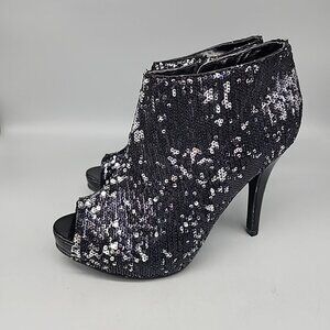Frederick's Of Hollywood Peep Toe Sequin Ankle Boots Heels Shoes Black Size 8